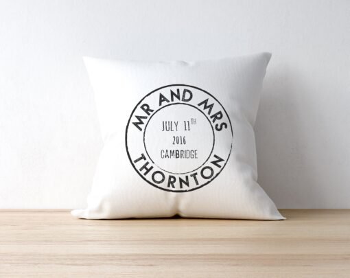 Mr And Mrs Padded Cushion - Vintage Stamp Style - Image 2