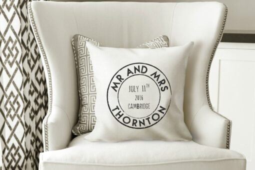 Mr And Mrs Padded Cushion - Vintage Stamp Style