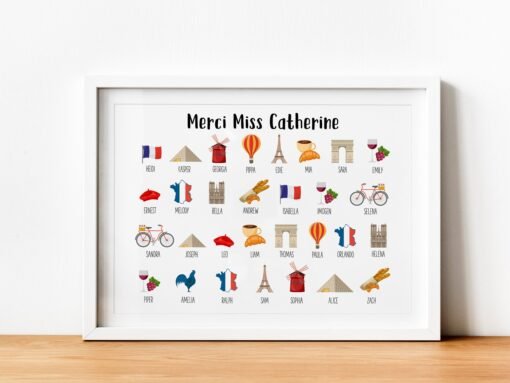 French Themed Thank You Teacher Gift - Personalized School Leaving Gift for Teachers - Framed Print - France Symbols with Student Names - Image 2