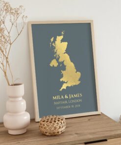 Personalised Foil Map Print - Custom Location with Gold or Silver Foil - Wedding Heart on Location Map - Engagement Gift - Valentine's Day
